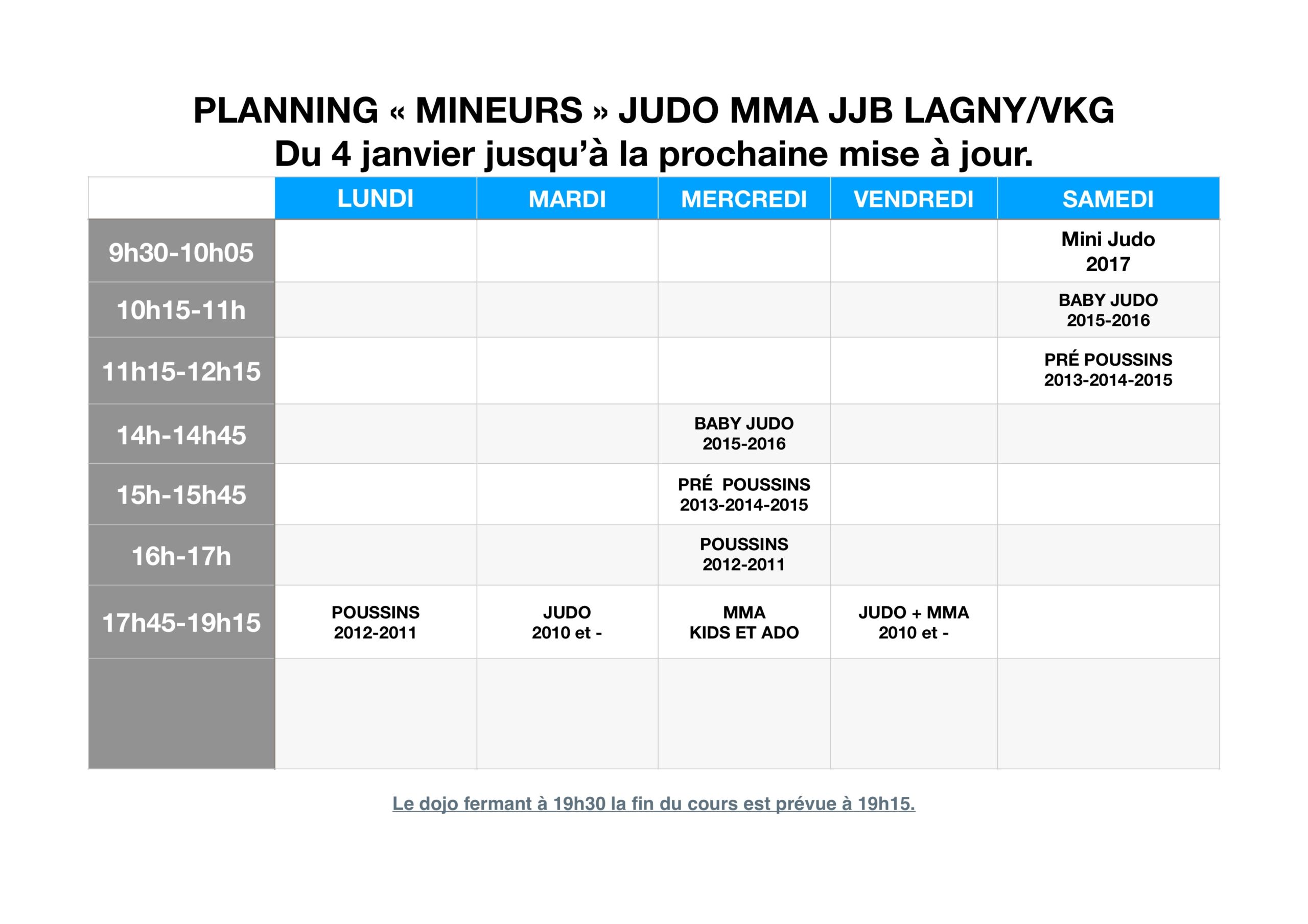 PLANNING ET RAPPELS A PARTIR DU 04 JANVIER 2021 Judo Lagny 77
