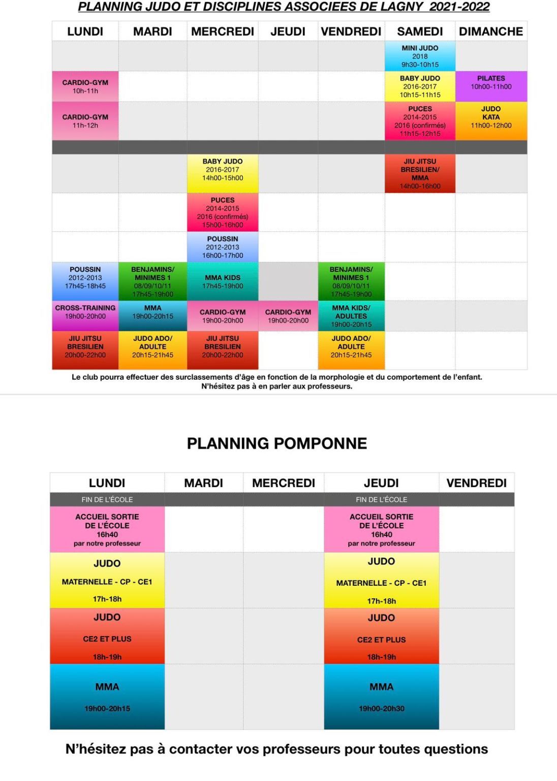 Planning 2021/2022 Judo Lagny 77