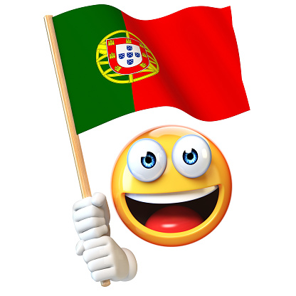 Emoji holding Portuguese flag, emoticon waving national flag of Portugal 3d rendering